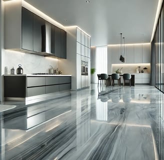 a kitchen with a marble floor and a marble floor