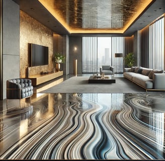 a living room with a large marbled floor