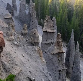 Waterfall Hwy, OR - Spires formed from gas coming up thru hot lava at Crater Lake