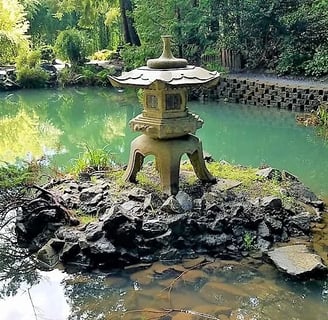 Oregon Coast -Coos Bay Mingus Park, Japanese pagoda in the pond