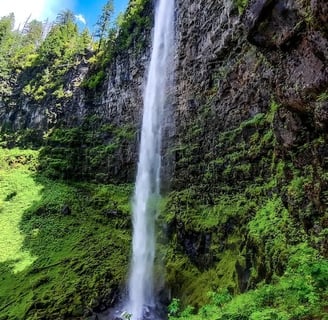 Waterfall Hwy, OR - A side view of Watson Falls, you can see the circular rim of the volcano