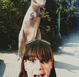 Oregon Coast - Running from a dinosaur at the Prehistoric Gardens, north of Gold Beach