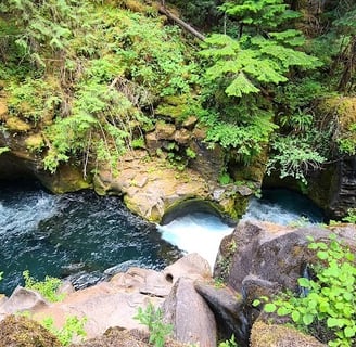 Waterfall Hwy, OR - iconic Toketee Falls cascading down 3 quick steps before the final plunge