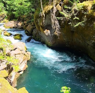 Waterfall Hwy, OR - Water changes from light blue to dark teal blue to emerald at Toketee Falls