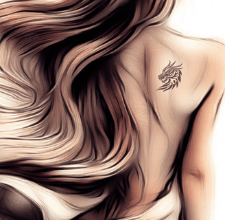 AI generated sepia image of a woman with long flowing hair and a tattoo on her shoulder