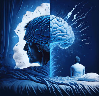 A man sat up in bed, unable to sleep, with an oversized image of his brain overlayed and overactive 