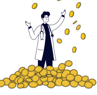 A doctor throwing up gold coins to represent how medical bookkeeping saves money