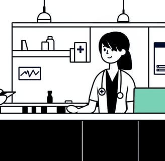 illustration of a healthcare office with sections for billing, compliance, and financial reporting