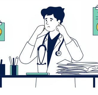 A male doctor overwhelmed by DIY bookkeeping for his medical practice