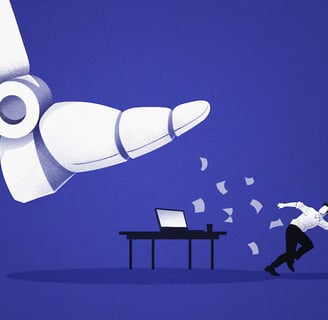 Pie de un robot amenzando con pisar el escritorio de trabajo de un empleado y éste se escapa