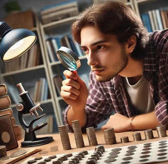 Un hombre inspeccionando monedas con una lupa. Un Novato Numismatico visualizando Monedas.