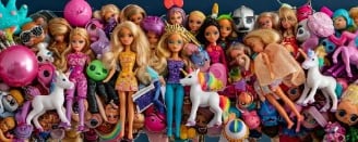 A beautiful collection of upcycled plastic items on a glam kitsch mirror