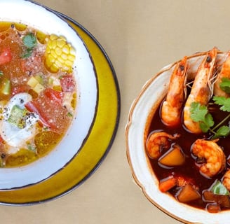 Two bowls of Mexican soups: shrimp in spicy broth and vegetable soup with corn