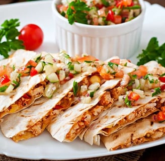 Chicken quesadilla slices garnished with fresh pico de gallo on a white plate, served with tomatoes and parsley as garnish