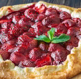 Rustic strawberry crostata with a golden-brown crust, filled with juicy strawberries and garnished with a sprig of mint