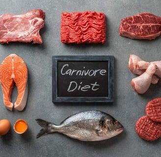 Steak, ground beef, chicken, salmon, fish, and eggs with a chalkboard reading 'Carnivore Diet'