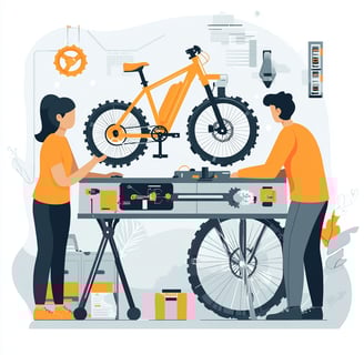 a man and woman working on a bicycle
