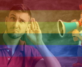 megaphone yelling at man - gay undertones with rainbow flag overlay