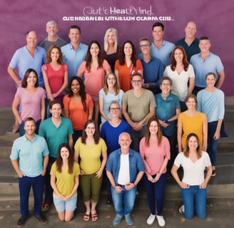 a group of people standing in front of a purple wall