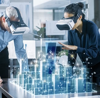 Professionals using virtual reality tools to train and manage building operations.