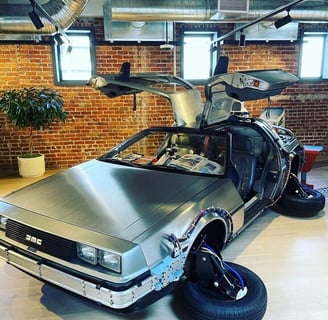 A car from the movie "Back to the Future" in the Google office