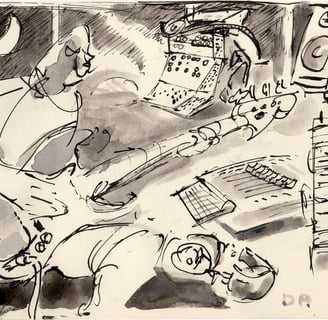 a drawing of a man playing guitar in a recording studio