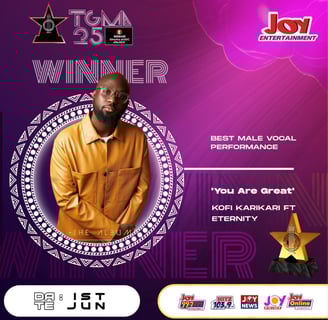 TGMA poster showing Kofi Karikari as the winner of the Best Male Vocal Performance.
