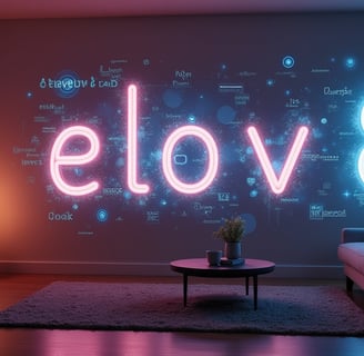 a living room with a couch and a television. On the wall are the illuminated letters elov8.
