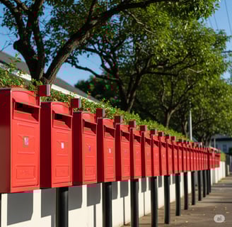 A bank of red mailboxes in front of some trees.