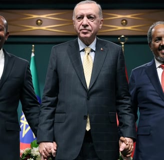 Turkish President Tayyip Erdogan (C) poses with Somali President Hassan Sheikh Mohamud (R) and Ethio