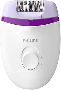 a white electric shaver with a purple trimming
