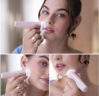 a woman is doing makeup and applying her lips