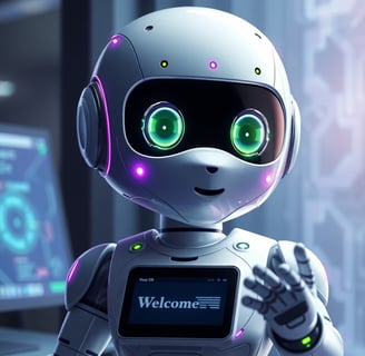 a robot - like robot with green eyes, chatbot, ai agent