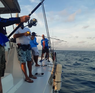 Anglers fishing with figging technique on a catamaran - Catamaran Fishing Charters Seychelles