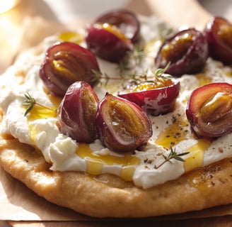 a pizza with grapes and cheese on a wooden board