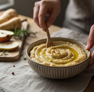 a person is holding a wooden spoon in a bowl