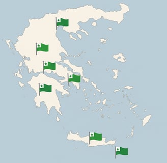 a map of the country of greece with Esperanto flags