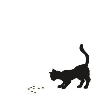 drawing of a cat silhouette following an arrow made from cat food