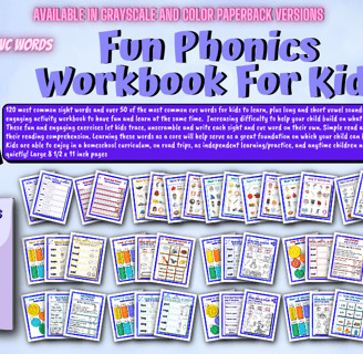Learning cvc words, sight words and vowel sounds with Fun Phonics Workbook For Kids.