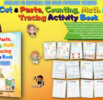 This is a counting, math, tracing, scissor skills and more activity book for kids ages 4-8.