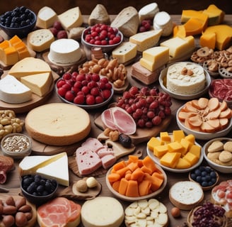 An assortment of charcuterie items artfully arranged in a box, featuring a variety of cheeses, cured meats, grapes, cherry tomatoes, leafy greens, and small skewers. Several jars are seen in the background, possibly containing dips or condiments.