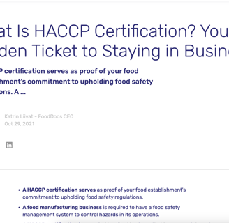 Example of an article - HAACP Certification (FoodDocs))