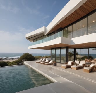 A modern apartment complex featuring two multi-story buildings with large windows and balconies. The complex is surrounded by landscaped areas with palm trees and a small pool in the center. Several parked vehicles are situated along the paved driveway that runs between the buildings.