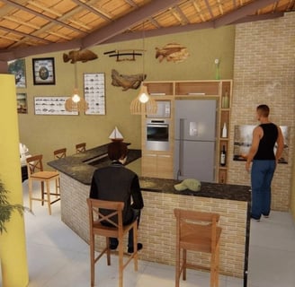 Forno a lenha e churrasqueira de tijolos refratários, ideais para pizzas e assados.