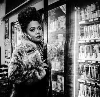 KKeri Elle woman at store in fur coat hoop earrings corner store gas station captured by Taye Rose