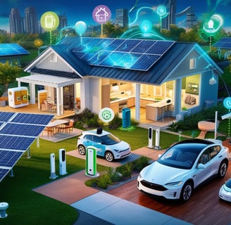 casas, carros e gadgets demonstrando tecnologia sustentável