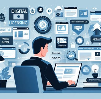 Entrepreneur on a laptop with eBook and course icons.