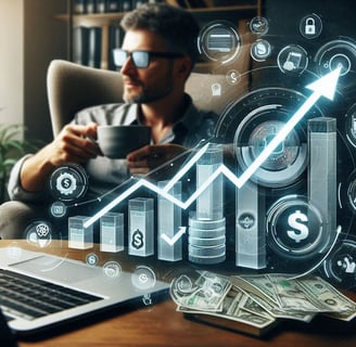 Income chart with dollar signs and digital products.