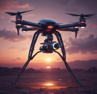 A white quadcopter drone equipped with a camera hovers in front of a blurred background of lush green foliage. The drone is captured in mid-flight, with its propellers creating a slight motion blur.