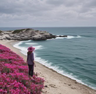 Three women stand on a rocky surface near water, overlooking a lush green landscape. They are dressed in casual attire with headscarves, and they appear happy and relaxed in their natural surroundings.